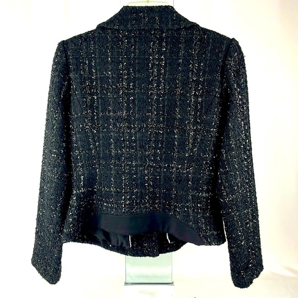 WHBM Tweed Blazer Jacket Moto Zip Peplum Collarless Black Size 2 - Picture 3 of 8